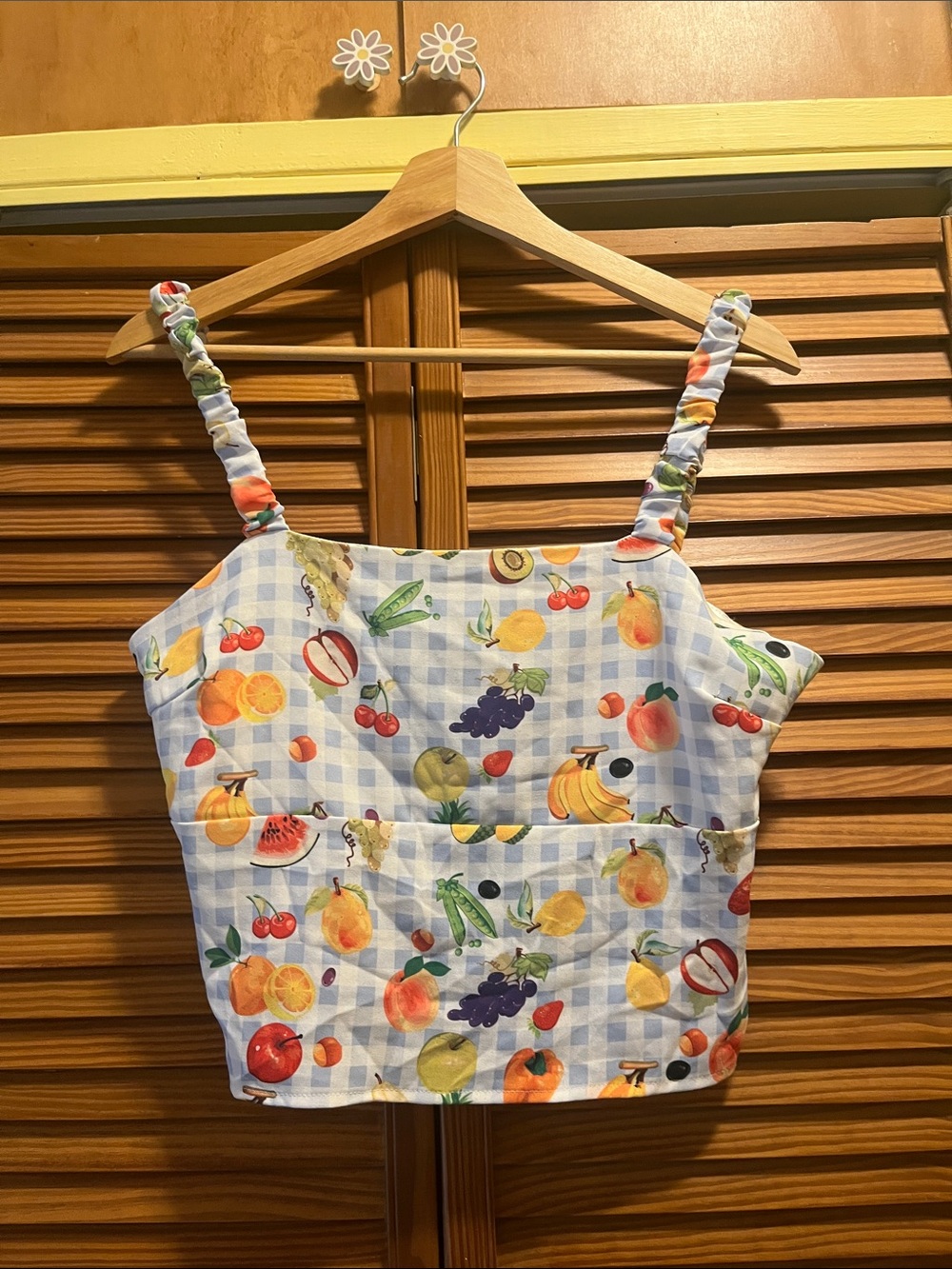 Gingham Fruit-Print Crop Tank Top - Blue